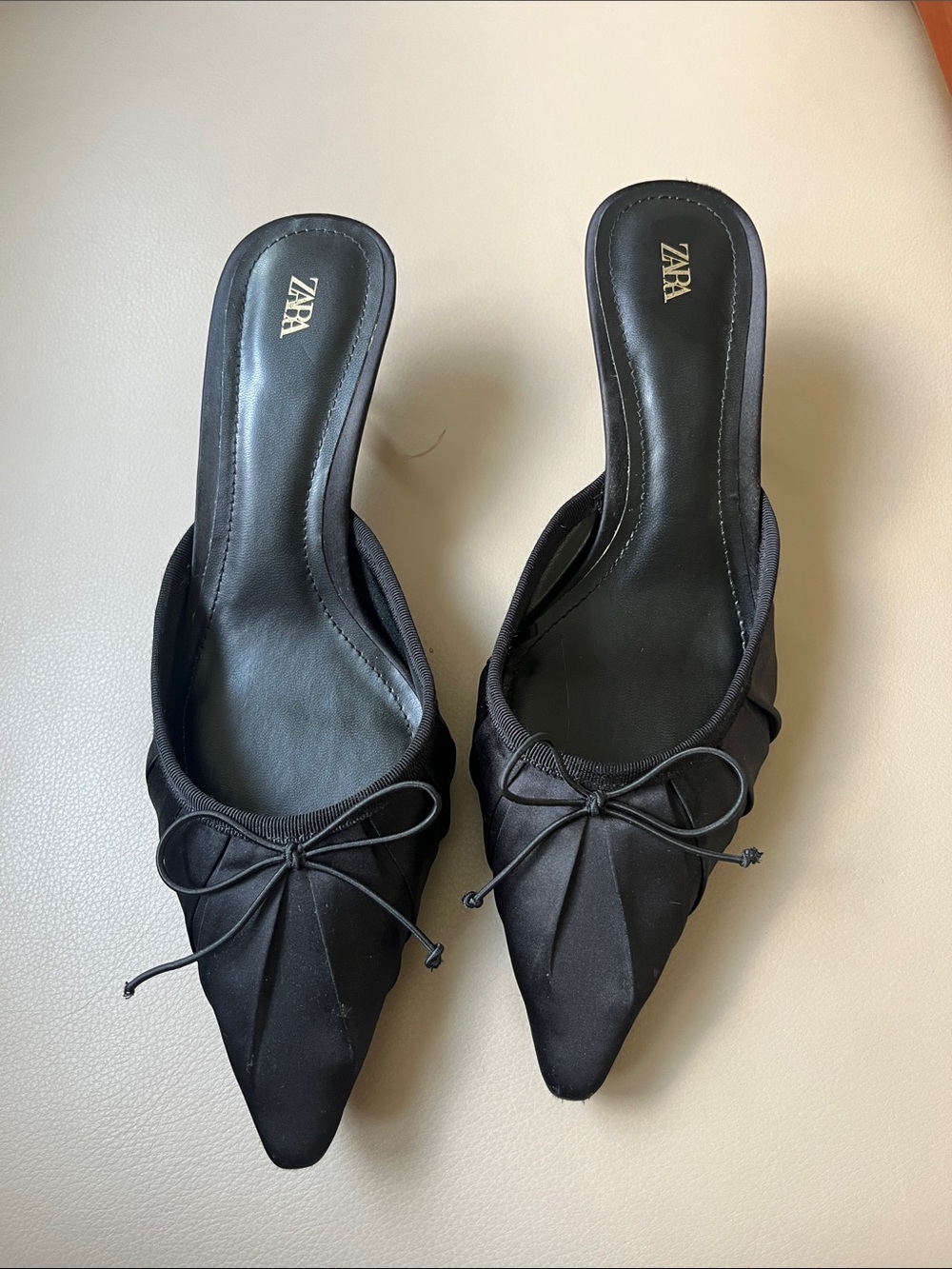 ZARA Black Pointed Satin Bow-Front Slip-On Mules